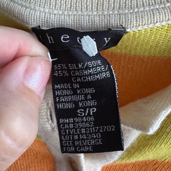 Theory Cashmere Silk Striped Orange Yellow Knit Polo Long Sleeve Shirt Small - Picture 6 of 12